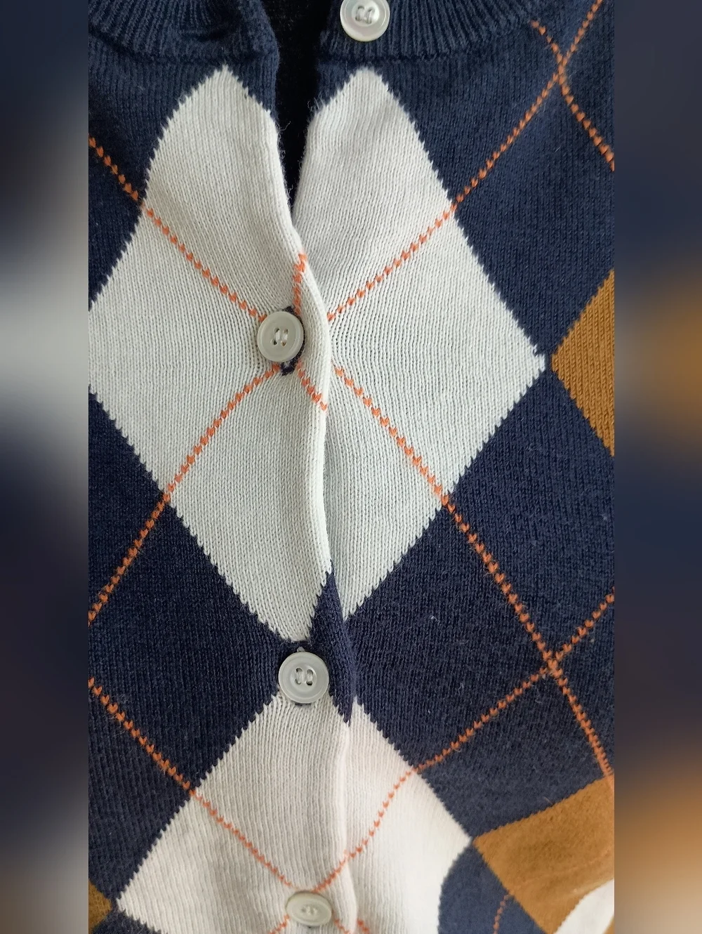 Vintage J. Crew 100% Cotton Navy, Camel and White Argyle Cardigan Sweater_XS